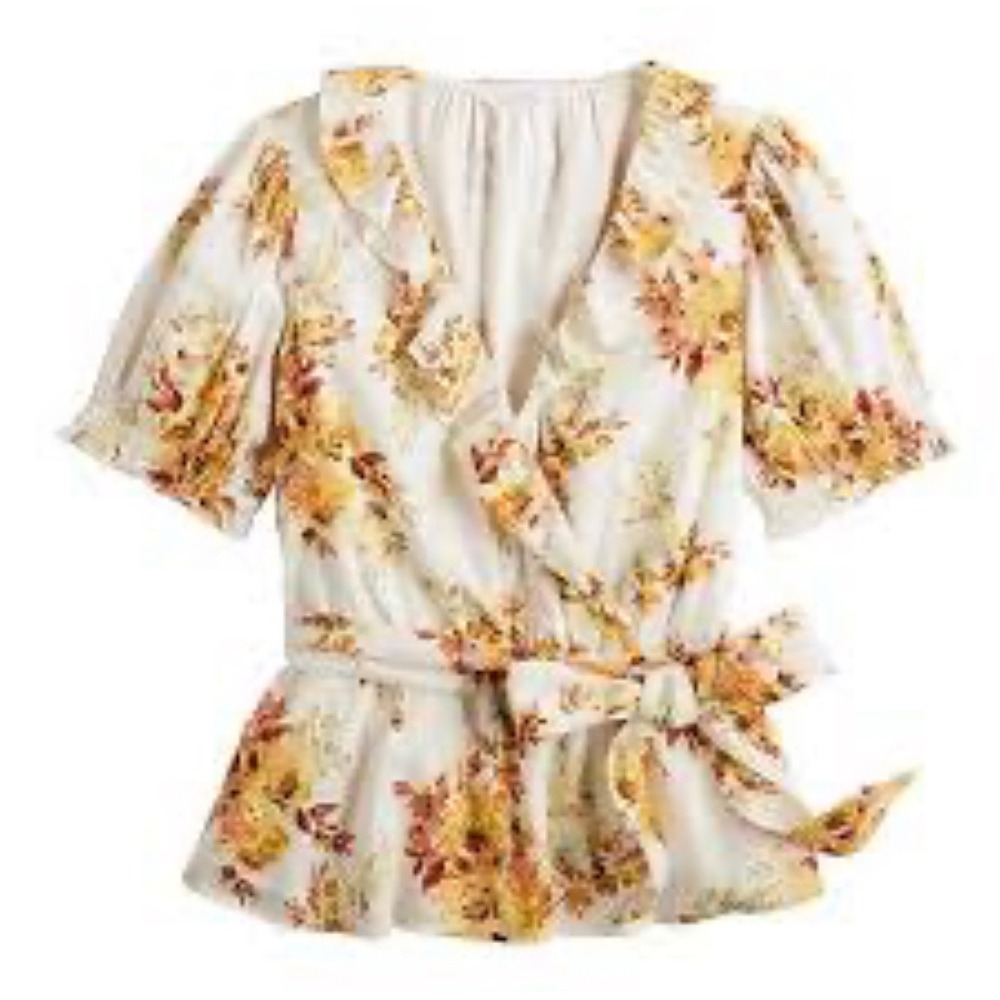 LC Lauren Conrad Ruffle Front Faux Wrap Tie Waist Top Sz XXL NWT Floral Blouse - Picture 4 of 9
